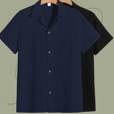 Jenil Fashion Men Self Design Casual Dark Blue, Black Shirt