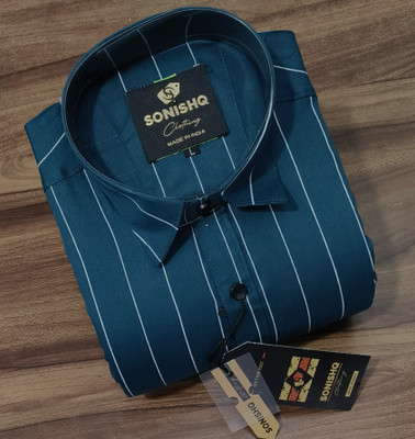 SONISHQ Men Striped Casual Dark Green Shirt