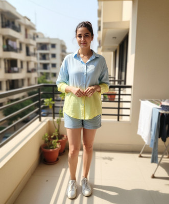 maaesa Women Dyed/Ombre Casual Yellow, Light Blue Shirt