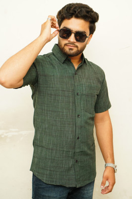 STICHVILLA Men Self Design Casual Dark Green Shirt