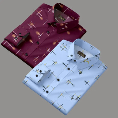 Cubix Men Graphic Print Casual White, Light Blue Shirt(Pack of 2)