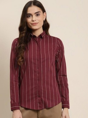 Hancock Women Striped Casual Maroon, White Shirt