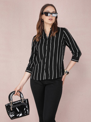 CRIMSOUNE CLUB Women Striped Casual Black Shirt