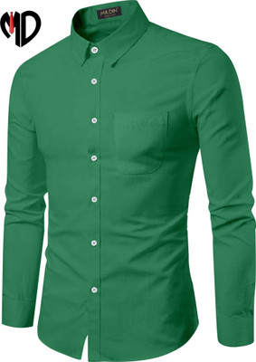 MILDIN Men Solid Casual Dark Green Shirt