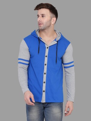 tfurnish Self Design Men Hooded Neck Blue, Grey T-Shirt