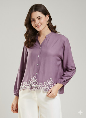 J TURRITOPSIS Women Embroidered Casual Purple Shirt