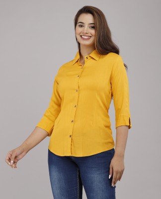 Demirner Women Solid Casual Yellow Shirt