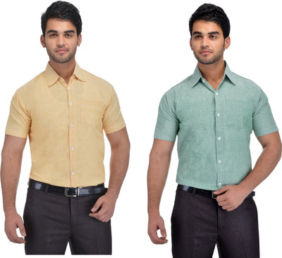 DESHBANDHU KHADI Men Solid Formal Green, Yellow Shirt(Pack of 2)