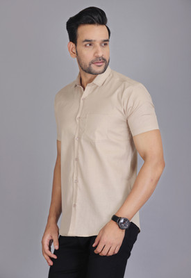 FAVNIC Men Solid Casual Cream Shirt