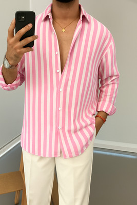 Kizyoo Men Striped Casual Pink Shirt