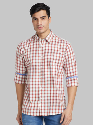 PARX Men Checkered Casual Orange Shirt