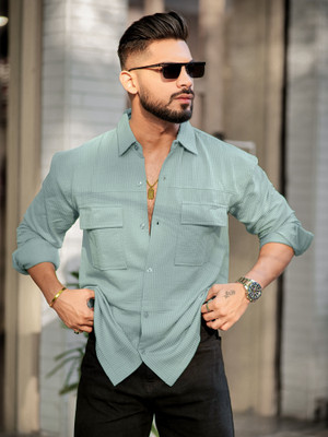 MANIAC Men Self Design Casual Dark Green Shirt