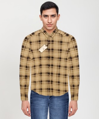 Zenzaai Men Checkered Casual Yellow Shirt