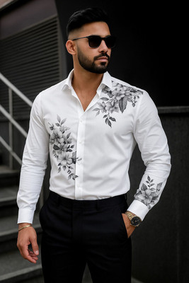 SHFASHION Men Printed Casual White Shirt