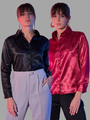 DIMPY GARMENTS Women Solid Party Red, Black Shirt(Pack of 2)