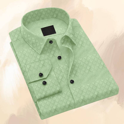 The style grove Men Self Design Casual Light Green Shirt