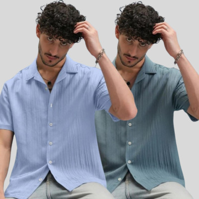 METRONAUT Men Self Design Casual Light Blue, Green Shirt(Pack of 2)