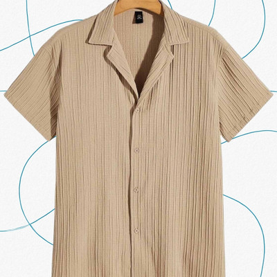 A DEEMOON Men Self Design Formal Beige Shirt