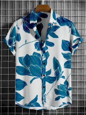ISUEL FAB Men Floral Print Casual Blue, White Shirt
