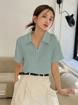 StreetWardrobe Women Self Design Casual Green Shirt