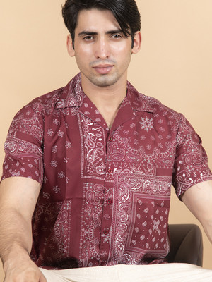 TISTABENE Men Printed Casual White, Maroon Shirt
