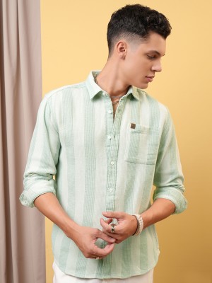 LOCOMOTIVE Men Striped Casual Light Green Shirt