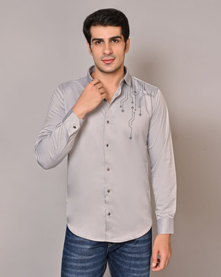 white apple jns Men Embroidered Party Grey Shirt