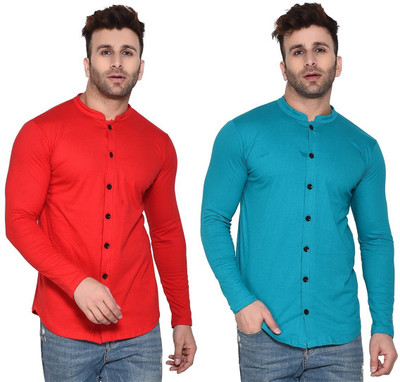 Money Leaf Men Solid Casual Red, Light Green Shirt(Pack of 2)