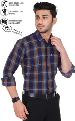 Marc Laurent Men Checkered Formal Brown, Dark Blue, Light Blue Shirt