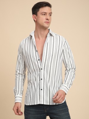 Voroxy Men Striped Casual White Shirt