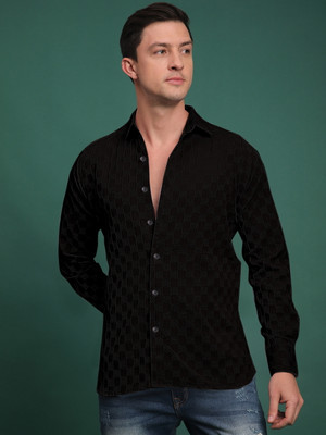Voroxy Men Self Design Casual Black Shirt