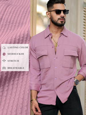MANIAC Men Self Design Casual Pink Shirt