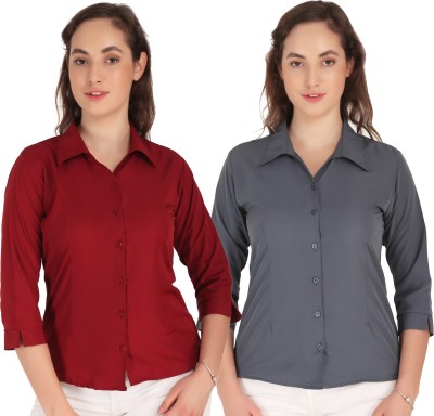 Giggles Women Solid Casual Red, Grey Shirt(Pack of 2)