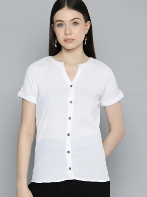 GLOWIC Women Solid Casual White Shirt