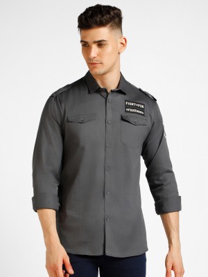 Urbano Fashion Men Embroidered Casual Grey Shirt