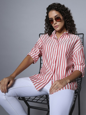 High Star Women Striped Casual White, Orange Shirt