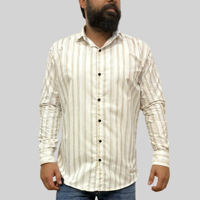 AGFashionStyle Men Striped Casual Beige, White Shirt