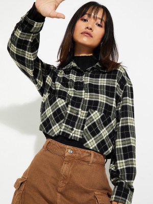 MAX Women Checkered Casual Black Shirt