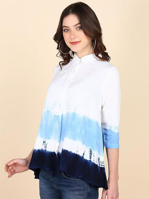 CORSICA Women Dyed/Ombre Casual White, Light Blue Shirt
