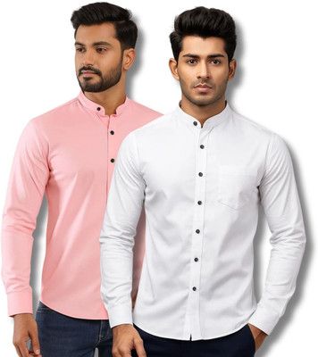 RAREMARK Men Solid Casual Pink, White Shirt(Pack of 2)