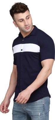 GEUM Men Solid Formal Dark Blue, White Shirt