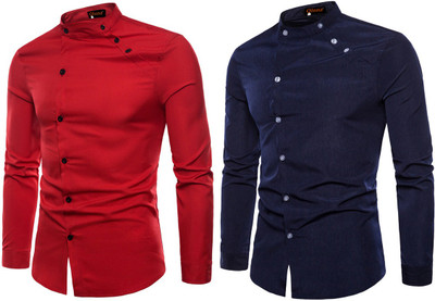 Qlonz Store Men Solid Casual Red, Blue Shirt(Pack of 2)