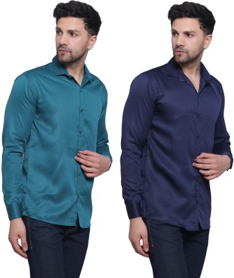 FILNECH Men Solid Casual Dark Green, Dark Blue Shirt(Pack of 2)