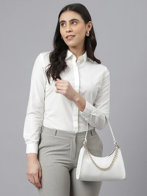 English Navy Women Self Design Formal White Shirt