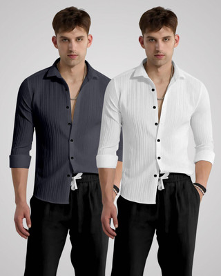 kruze Men Self Design Casual Grey, White Shirt(Pack of 2)
