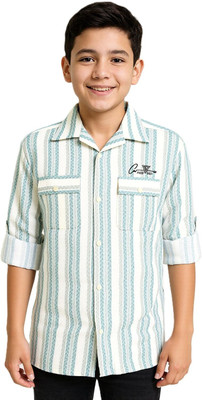CAVIO Boys Striped Casual Light Green Shirt