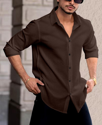 RADHEEFAB Men Self Design Casual Brown Shirt