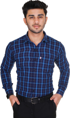 DK FASHION Men Checkered Casual Dark Blue, Blue, Yellow Shirt