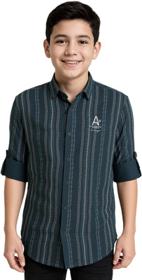 Charchit Boys Striped Casual Green Shirt