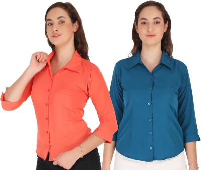 Hunoor Women Solid Formal Orange, Blue Shirt(Pack of 2)